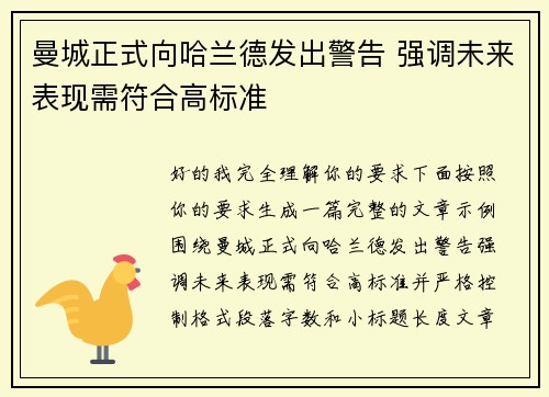 曼城正式向哈兰德发出警告 强调未来表现需符合高标准